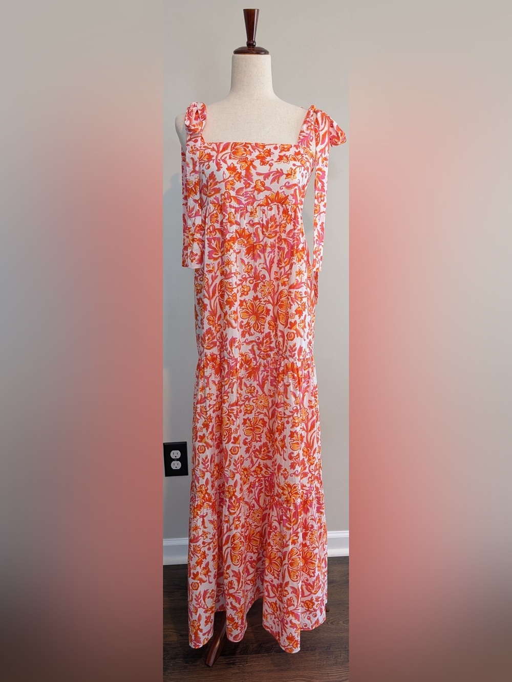 Playa Lucila Women’s Maxi Smocked Square Neck Tie Straps Orange Pink Orange Sz S